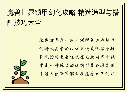 魔兽世界锁甲幻化攻略 精选造型与搭配技巧大全