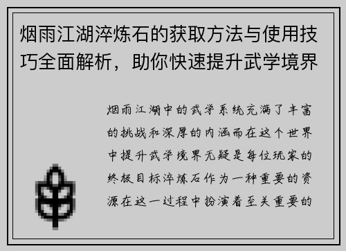 烟雨江湖淬炼石的获取方法与使用技巧全面解析，助你快速提升武学境界